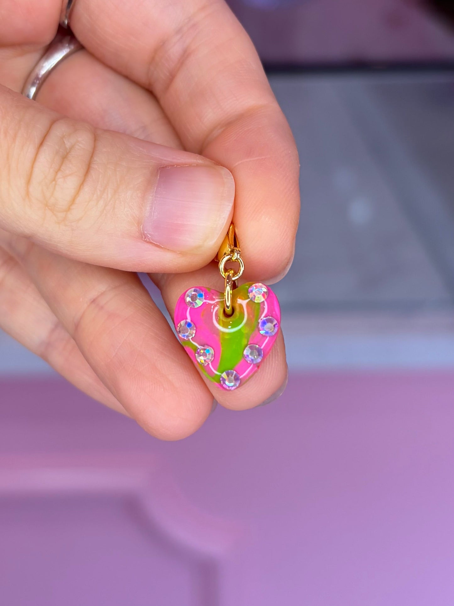 GG Neon Green & Pink Swirl Heart Charm