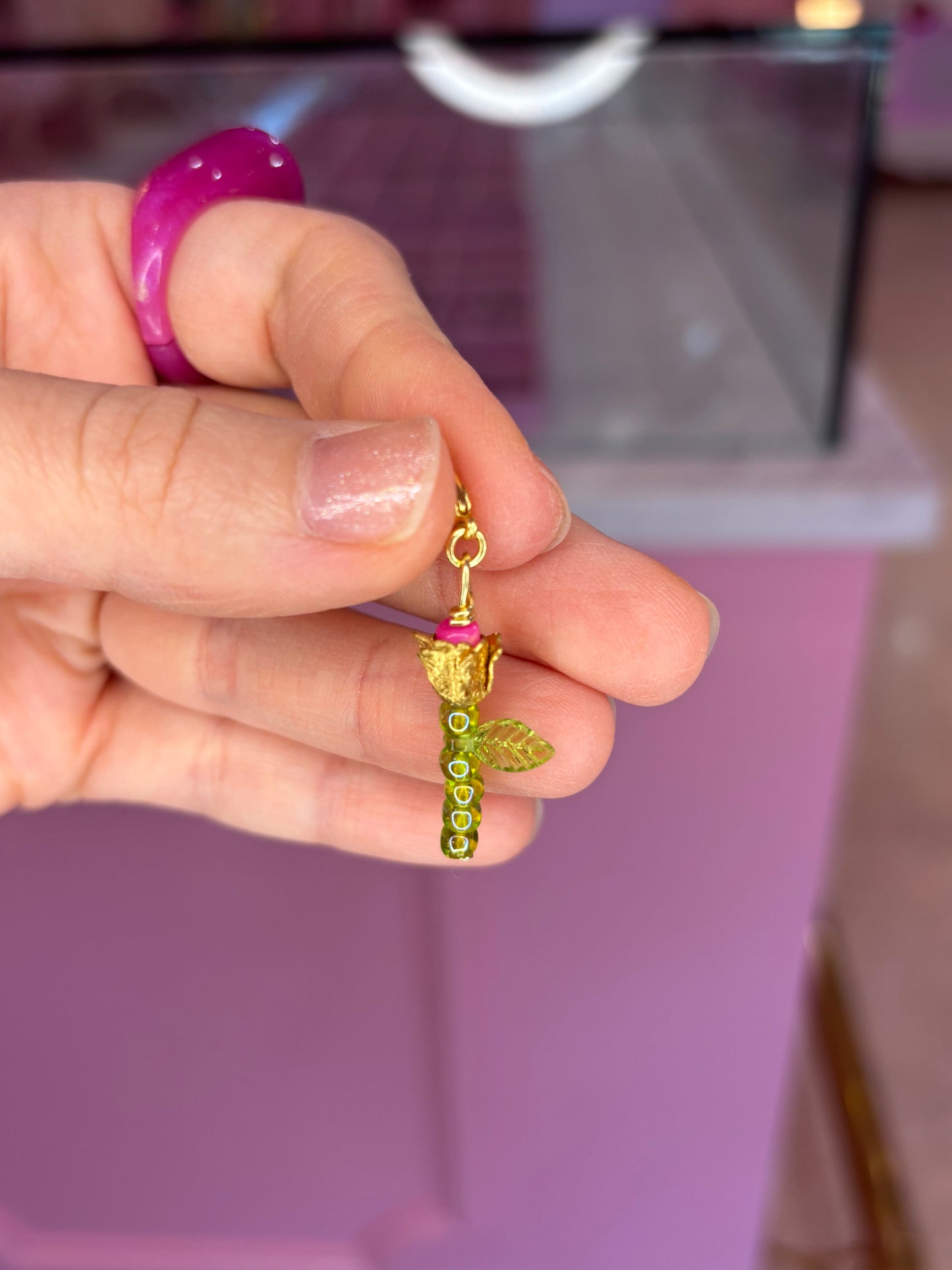 Vintage Pink Beaded Rose Charm