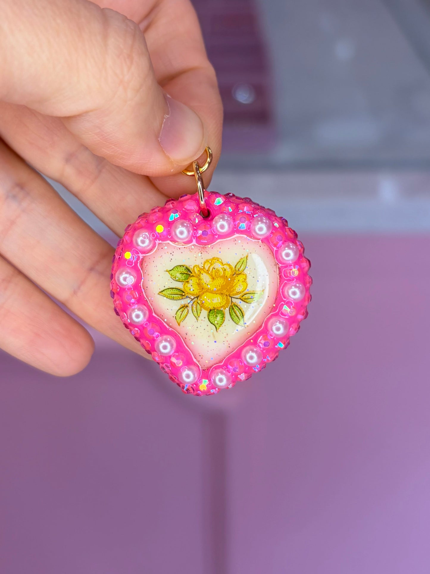 Vintage Reworked Yellow & Pink Heart Charm