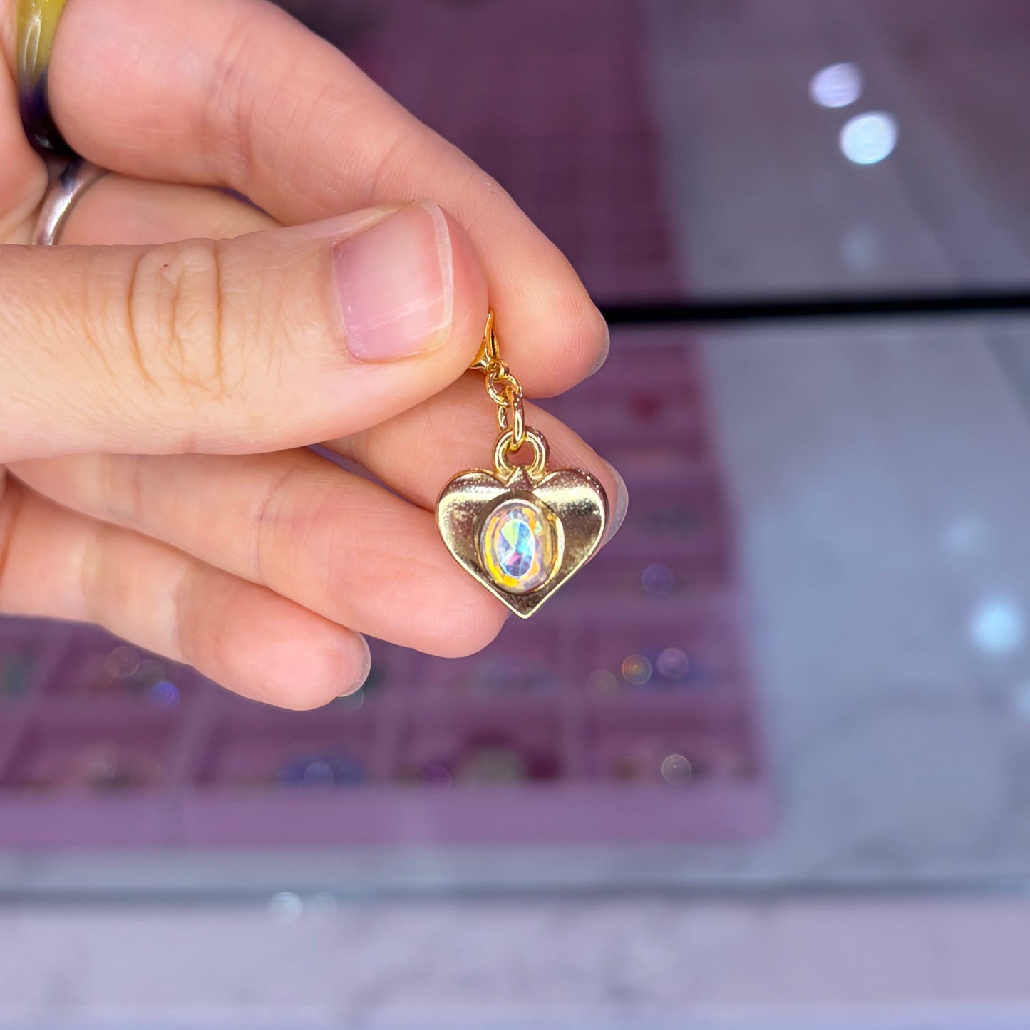 Vintage Gold Heart Charm with Iridescent Rhinestone