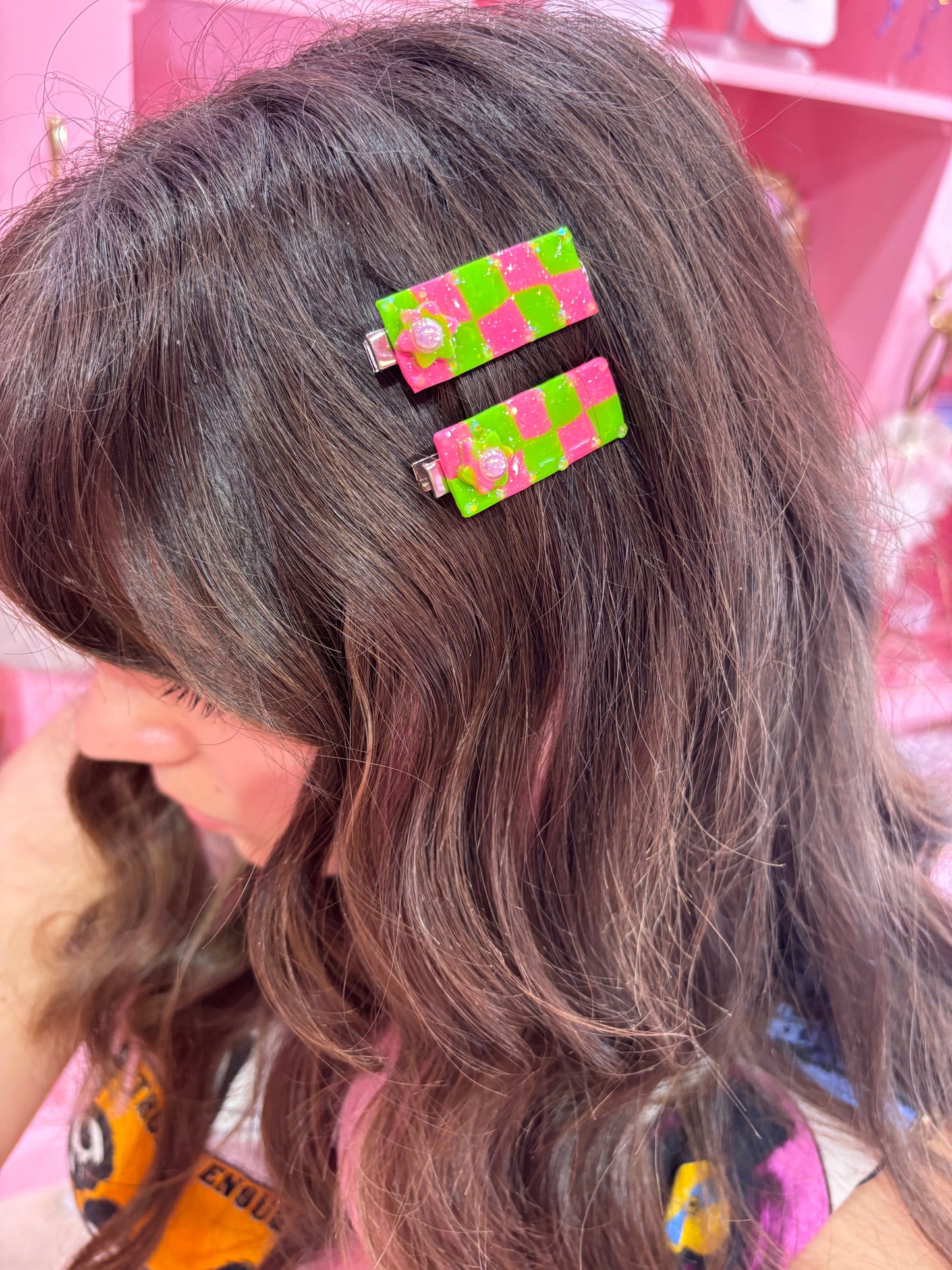 Green & Pink Checker Hair Clip Set