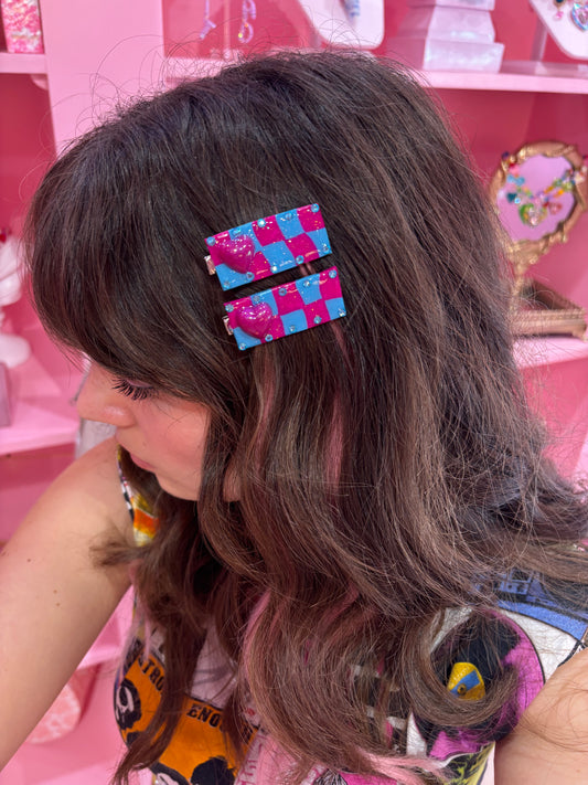 Blue Raspberry Checker Hair Clip Set