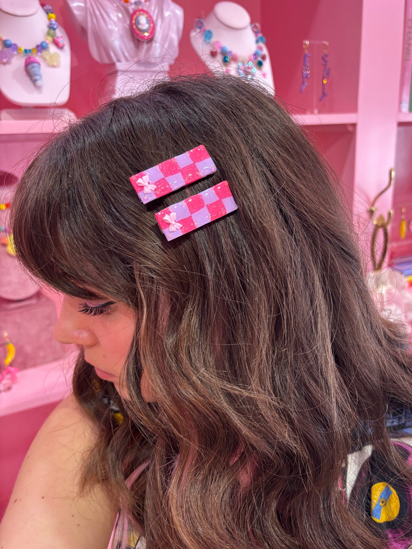 Checker Bow Hair Clip Set