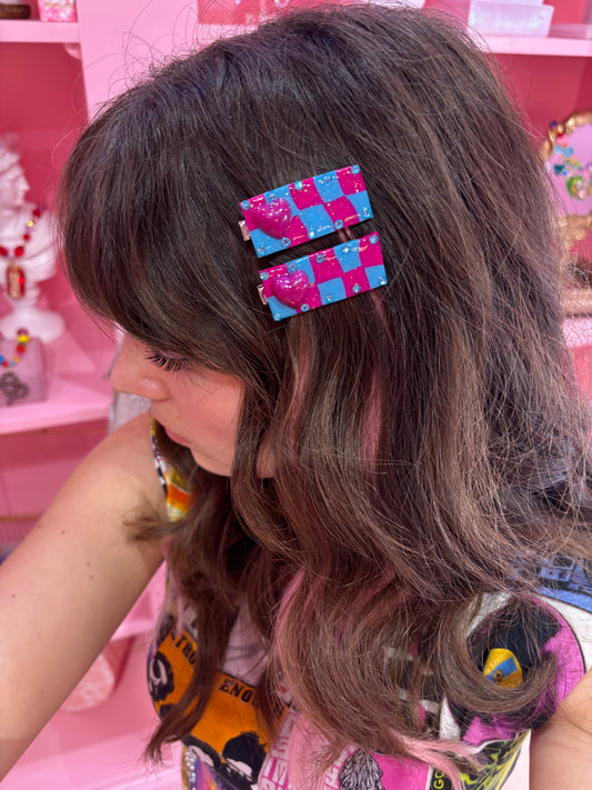 Blue Raspberry Checker Hair Clip Set