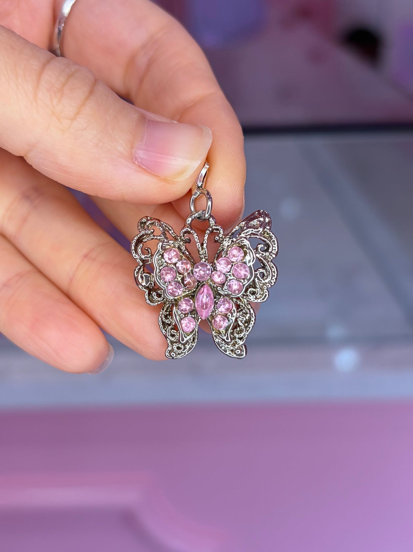 Vintage Silver & Pink Rhinestone Butterfly Charm