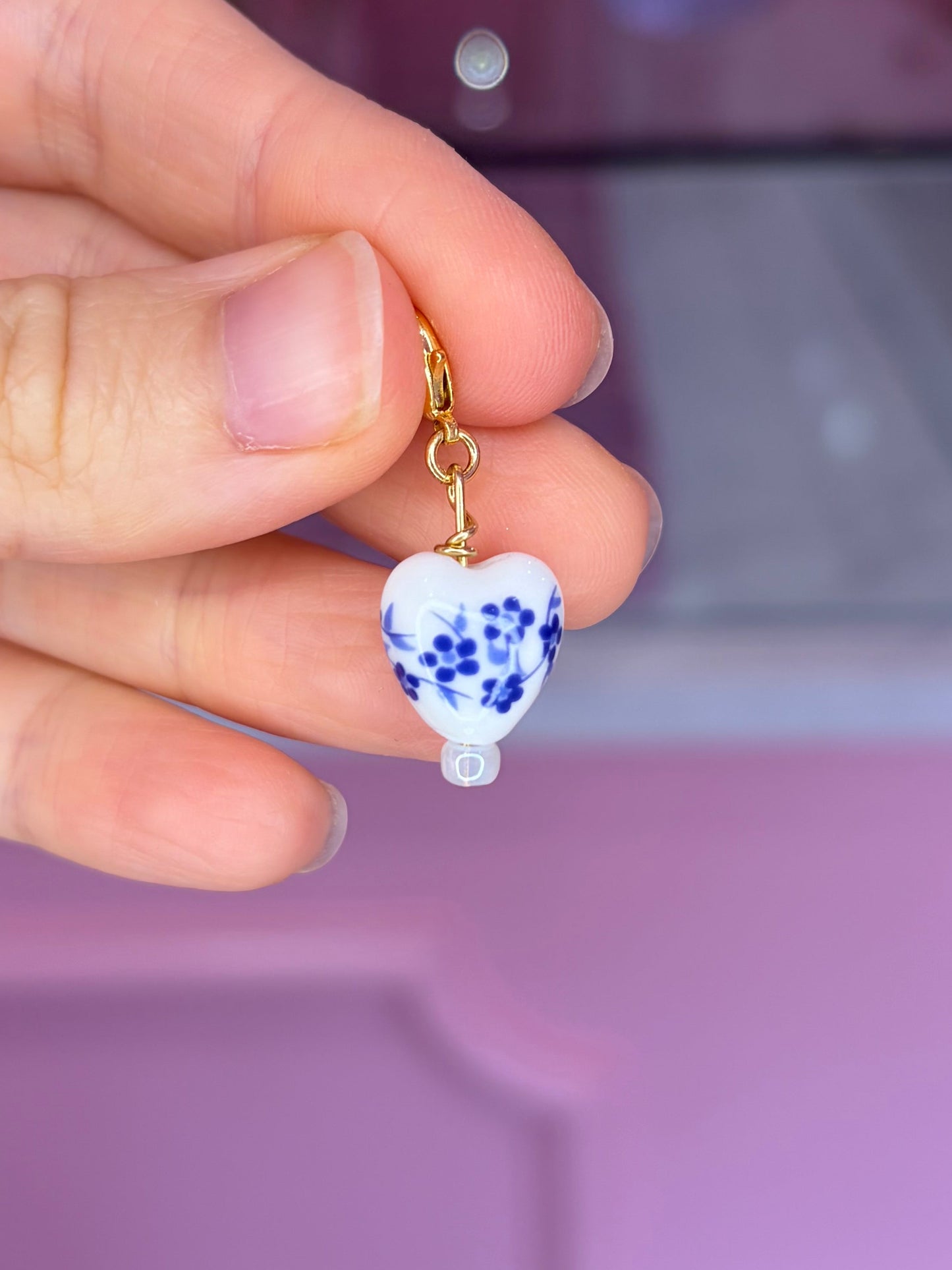 Glass Blue Floral Print Heart Charm
