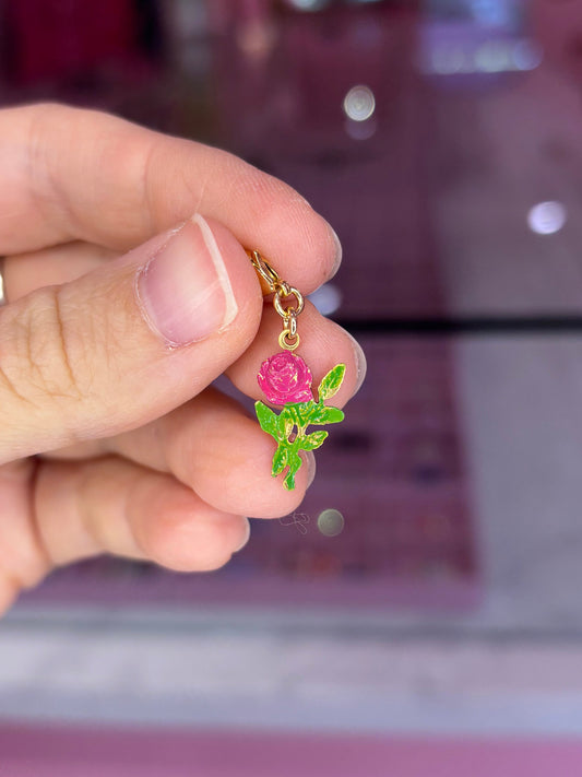 Vintage 1950s Brass Hot Pink Rose Charm