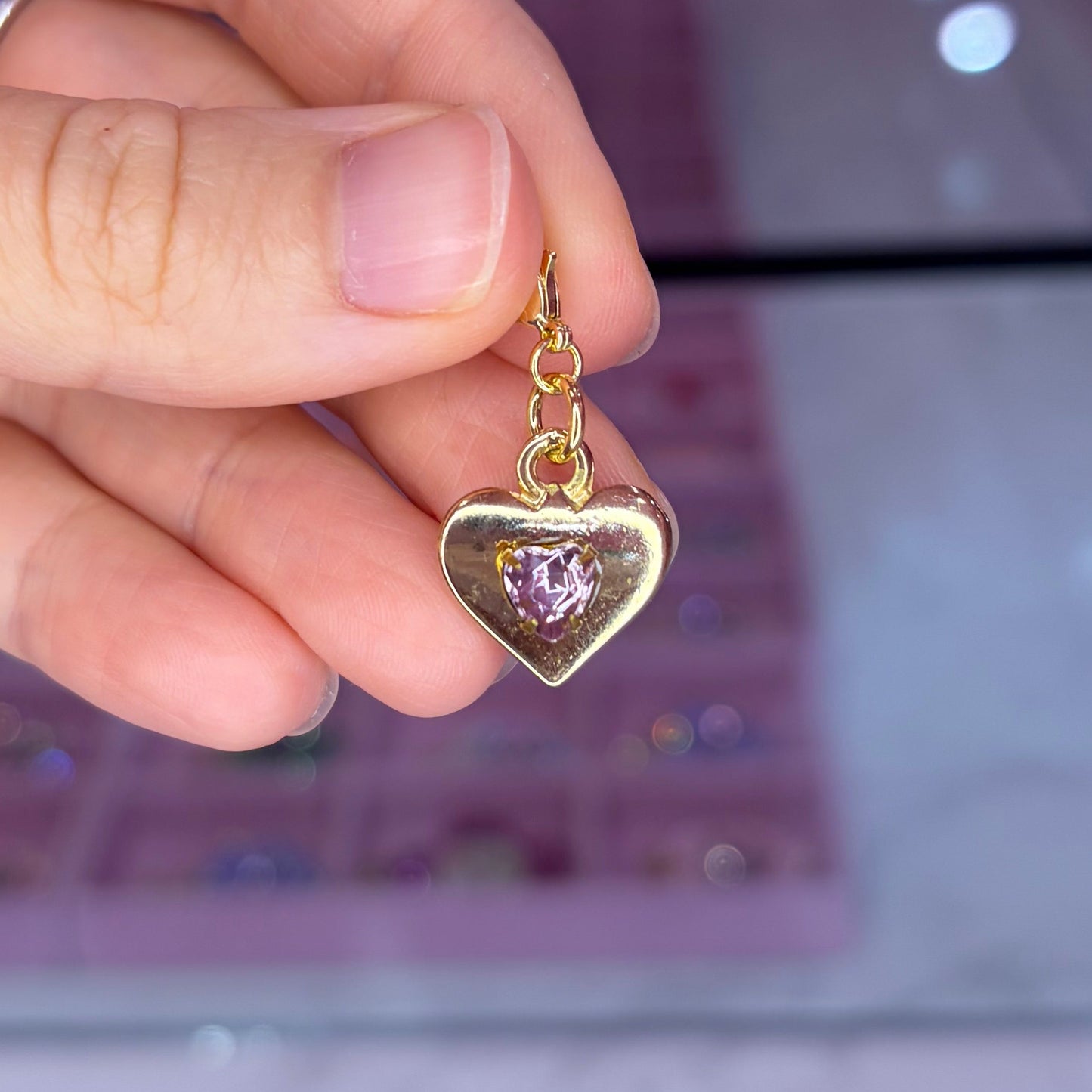 Vintage Gold Heart Charm with Lilac Swarovski Crystal