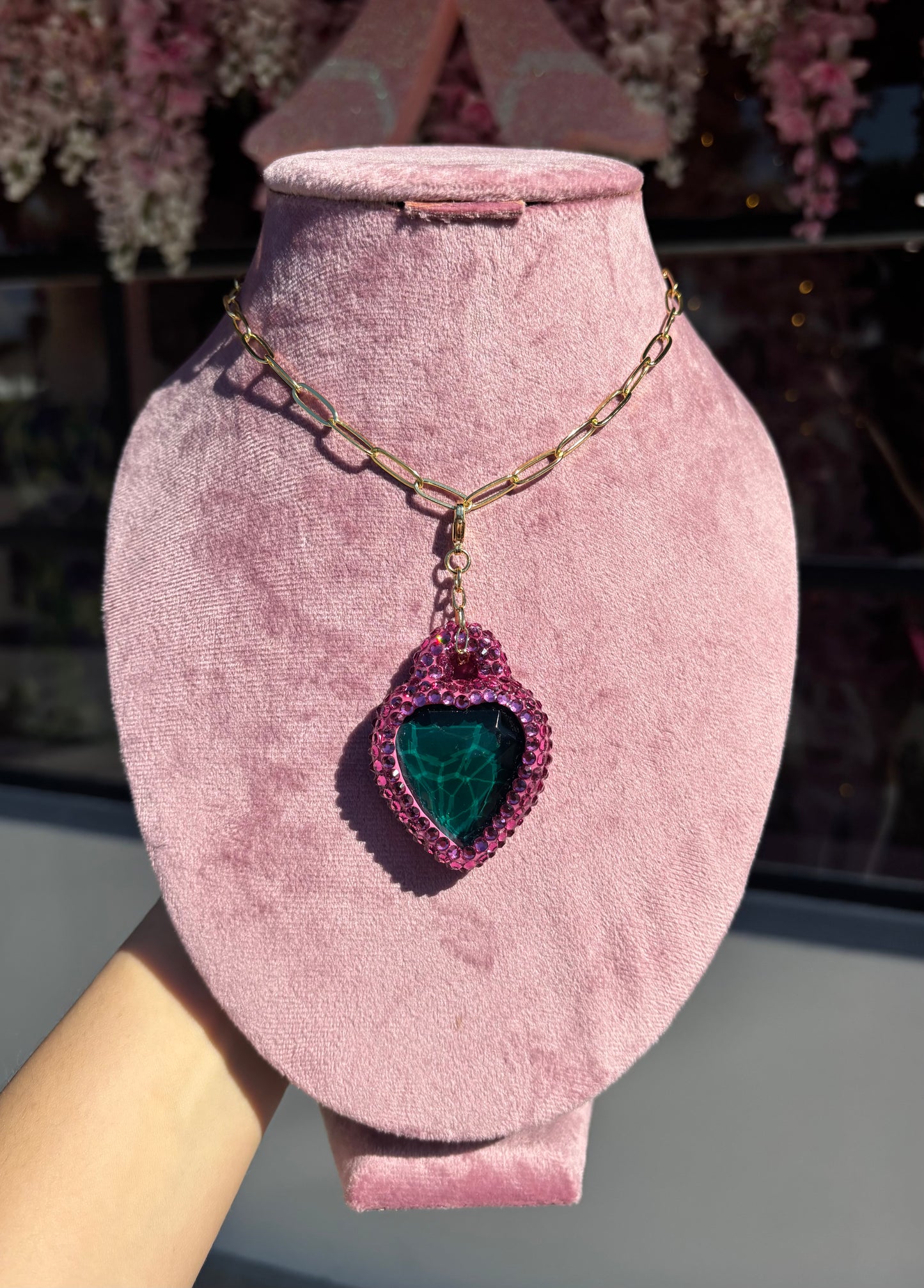 Pink & Emerald Green Heart Locket Necklace